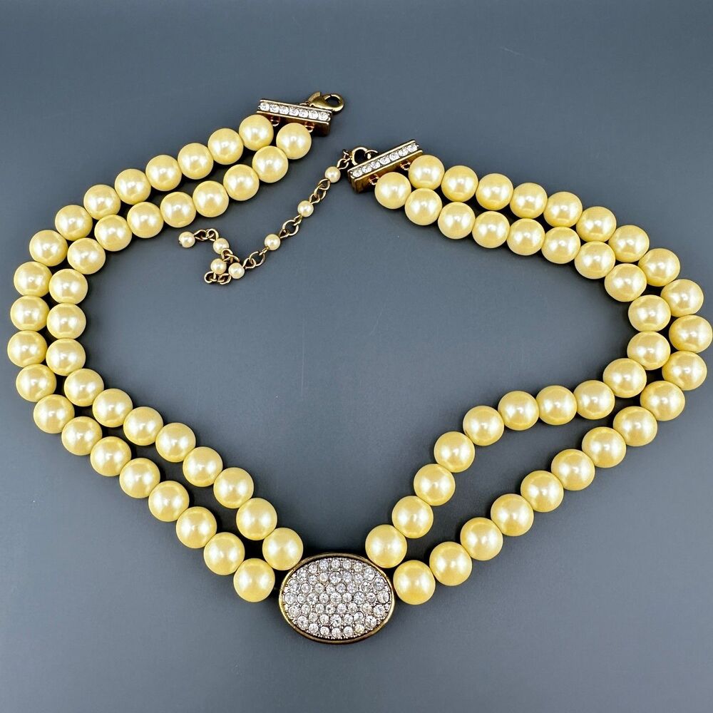Vintage Glass Pearl Necklace 2 Strand Rhinestone Pendant Avon Presidents Club